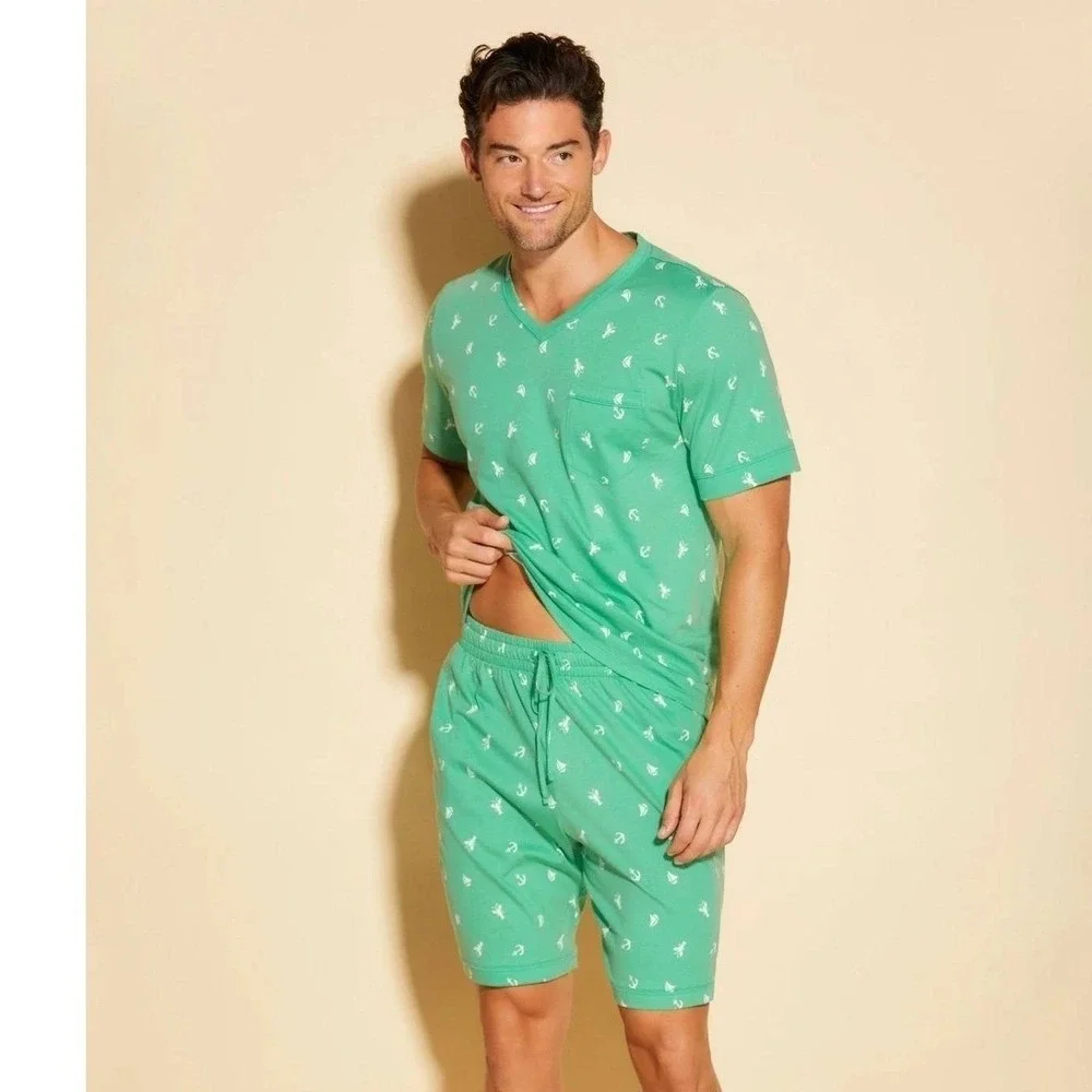 Cosabella Mens Road Trip Lounge Set Green Nautical Anchor Lobster Print Large